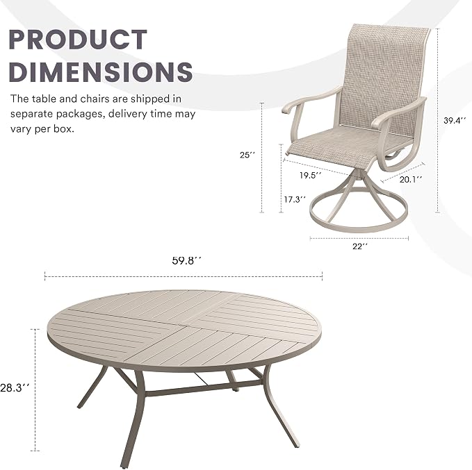 9 Pieces Patio Furniture Dining Set, 8 Textilene Swivel Dining Chairs, 60" Outdoor Round Metal Table with 1.57" Umbrella Hole, Outdoor Dining Set for Porch, Lawn, Garden, Sand/Sand