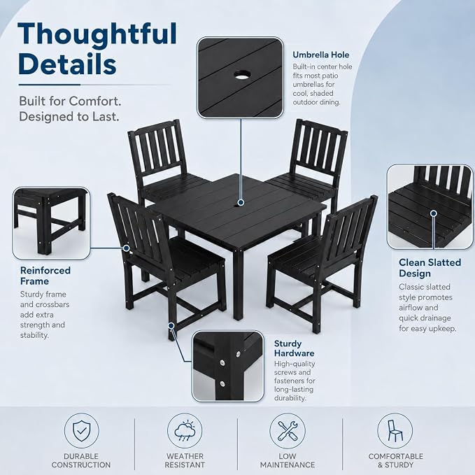 HDPE Outdoor Dining Set for 4, Square Table & Chairs Set | • All-Weather Polywood Composite • 410 lbs Heavy-Duty Support • Built-In 2" Umbrella Hole • Easy Soap-Water Wash