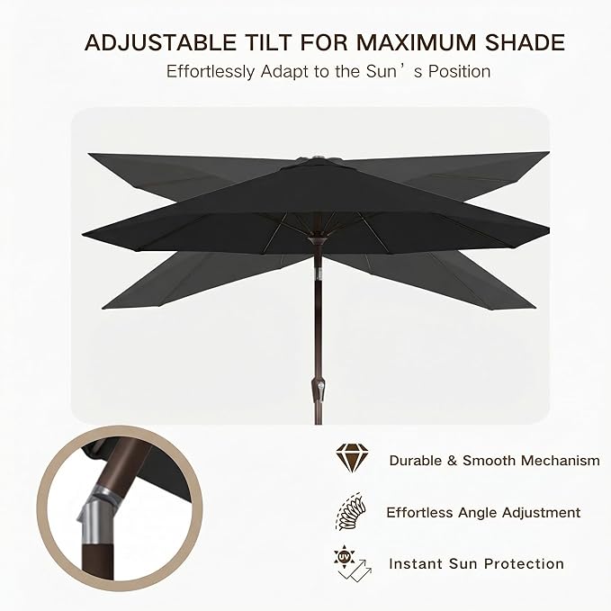 Kingdura 9FT Outdoor Patio Umbrella, Market Table Umbrella with Push Button Tilt and Crank, 8 Sturdy Fiberglass Ribs, UV Protection for Pool, Lawn, Deck, Backyard, Garden (Black)