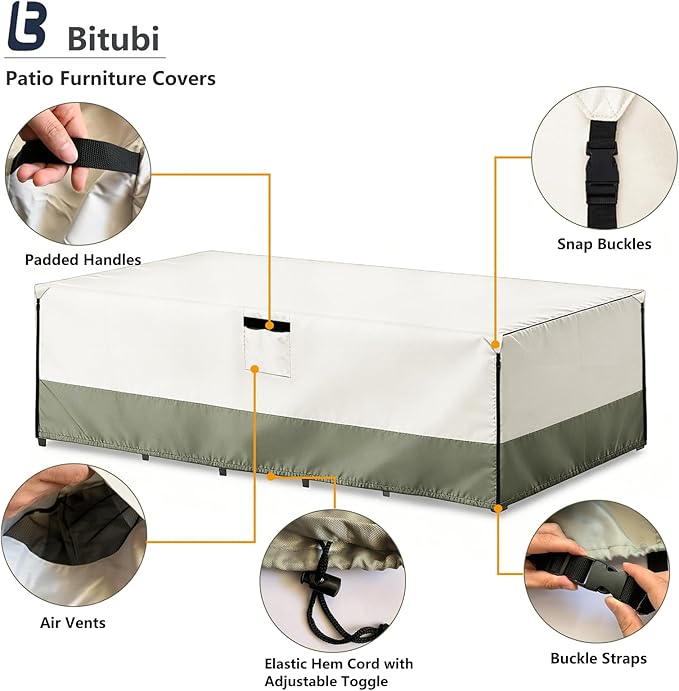 Bitubi Rectangular Patio Table Cover - Heavy Duty 600D Tough Canvas Waterproof Outdoor Dining Table and Chairs Universal Furniture Cover Size 126L x 74W x 28H inch, Beige