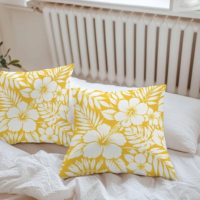 Yellow Hibiscus Flowers Waterproof Outdoor Pillow Covers Set of 2 Home Decor, Tropical Monstera Leaves Pillowcase Patio Pillow Covers for Couch Bench Patio Furniture Garden 18x18in