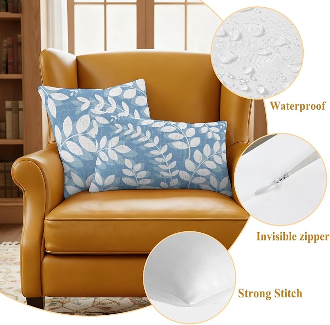 Sky Blue Leaves Outdoor Waterproof Throw Pillow Covers 18x18 Set of 2, Farmhouse Botanical Branch Vintage Boho Leaf Decorative Pillowcases Cushion Pillowcase for Couch Sofa Patio Pillow Protector