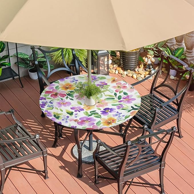 OSAM SPACE Outdoor Tablecloth with Umbrella Hole, Round Elastic Fitted Table Cloth with Invisible Zipper,Watercolor Flowers Picnic Patio Table Cover 45-56in