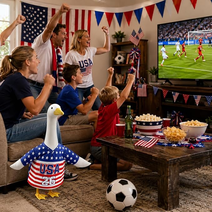 4th of July Patriotic Goose Outfit, USA Soccer Jersey Style Shirt for 23 Inch Porch Goose Statue, Stars and Stripes American Flag Clothes for Independence Day, Outdoor Garden Lawn Decor