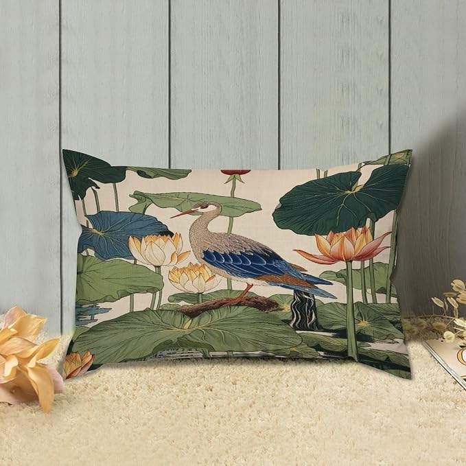 Zipped Pillow Cases for Home Decor Chinese Pond Bird Throw Pillow Cover Set of 2 Farmhouse Cushion Cover Cases for Living Room Club Home Decor 12x18in