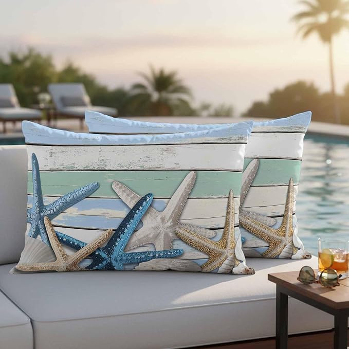Outdoor Waterproof Pillow Covers Coastal Blue White Starfish Shell Pack of 2 Lumbar Pillow Cover Wood Grain Decorative Cushion Pillowcases for Patio Couch Bench Garden 12 x 20 Inches