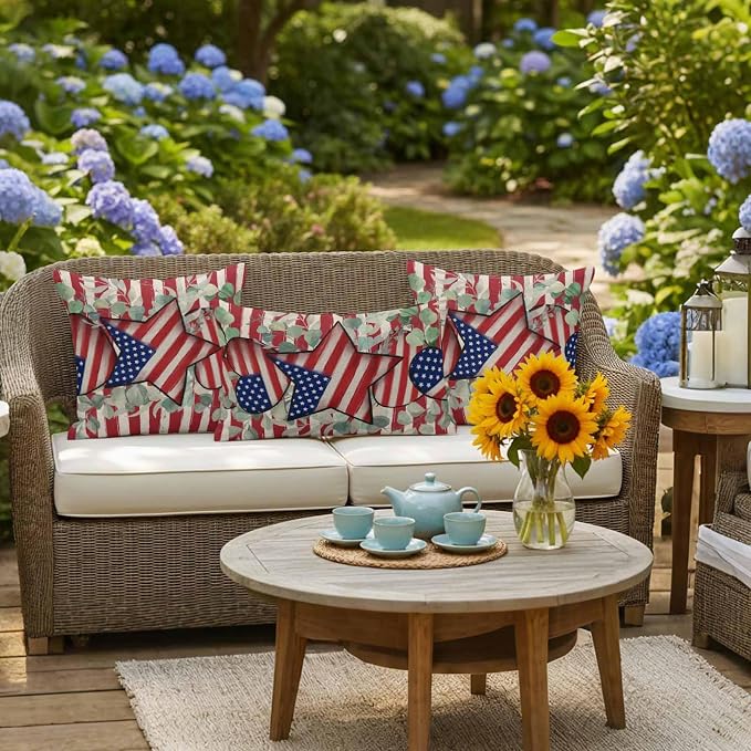 Stars Stripes Flag Waterproof Outdoor Pillow Covers Set of 2 Home Decor, Independence Day Eucalyptus Leaf Pillowcase Patio Pillow Covers for Couch Bench Furniture Garden 26x26in