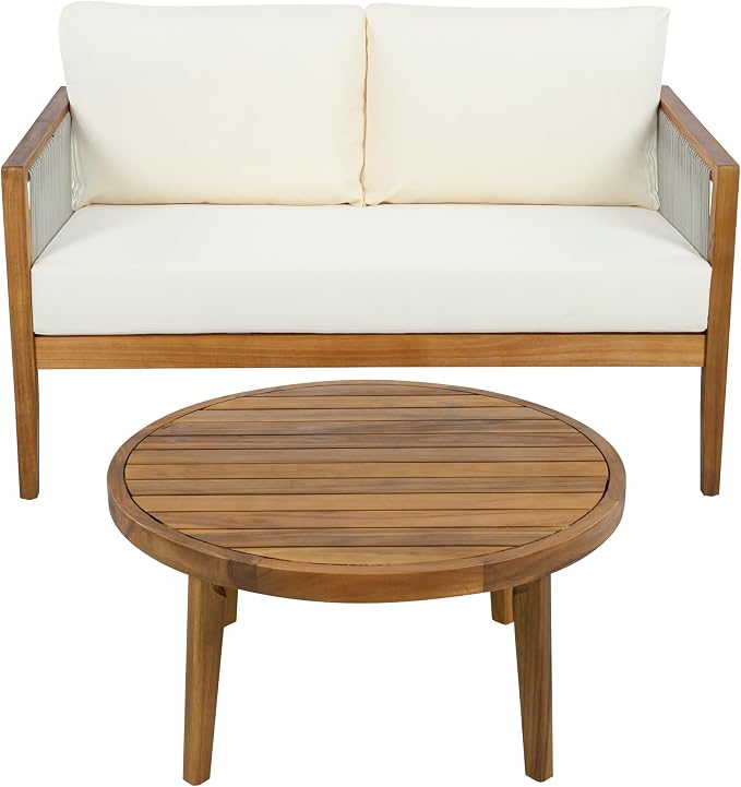 Christopher Knight Home Lalulu Outdoor Loveseat Sofa and Coffee Table Set, Acacia Wood Patio Furniture Set with Cushion, Solid Wood Outdoor Conversation Set, Teak+Beige