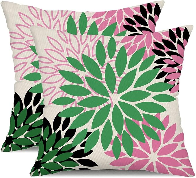 DFXSZ Outdoor Waterproof Pillow Covers 20x20 Set of 2 Green Pink Flower | Spring Summer Waterproof Flower Throw Pillowcases（No Inserts）Decor for Valentines Patio Funiture Garden Polyester Covers