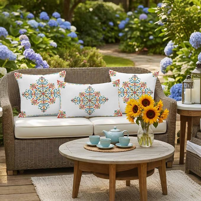 Geometric Flowers Outdoor Pillow Covers 16x16 Inch Throw Pillow Covers Set of 2 Waterproof Decorative Pillow Cases Modern Abstract Colorful Floral Cushion Covers for Patio Furniture Garden Couch Sofa