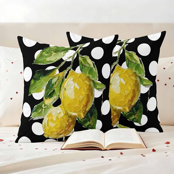Waterproof Pillow Covers Set of 2,Farmhouse Yellow Lemon Green Leaf Outdoor Pillow Protectors with Zipper Pillowcases for Patio Tent Garden Beach 18x18 Inches Black White Polka Dot