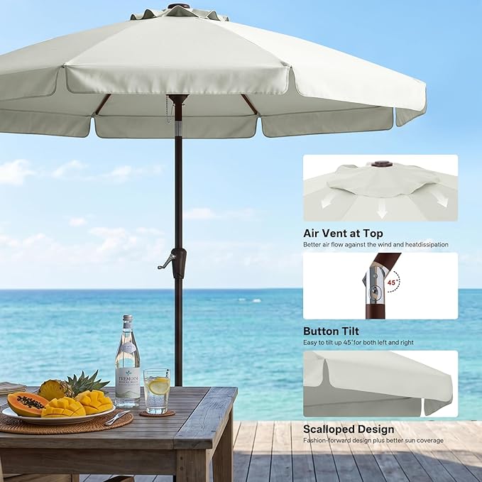 ABCCANOPY 10ft Scalloped Patio Umbrella, Outdoor Table Umbrella with Tilt and Crank, Fiberglass Ribs Deck Umbrella for Patio, Pool, Garden, Picnic (Light Beige)