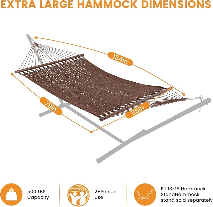 Lazy Daze Hammocks 13 FT Extra Large 2+ Person Caribbean Rope Hammock, Hand Woven Polyester XL Hammock with Spreader Bars, for Outside Outdoor Backyard Patio Poolside, 500 LBS Capacity, Brown