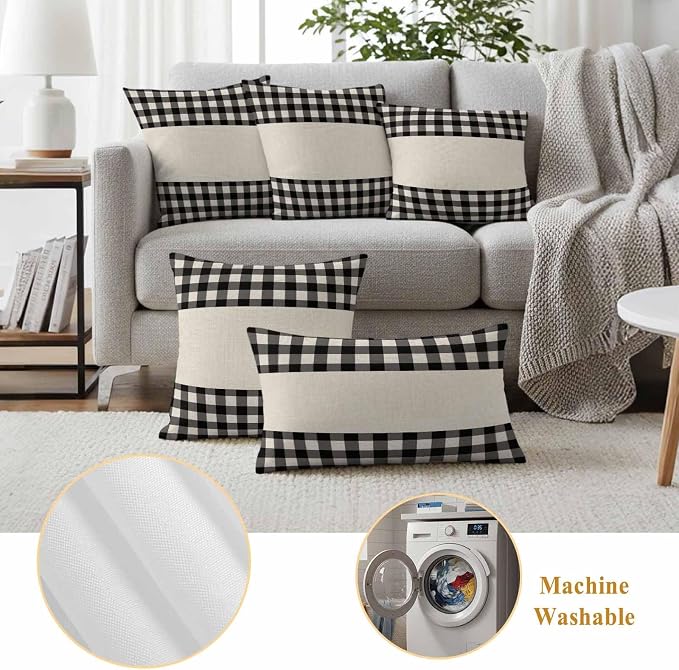 Retro Black Outdoor Waterproof Pillow Covers, Farmhouse Buffalo Plaid Vintage Beige Decorative Rectangle Throw Pillowcase Sofa Cushion Sham for Patio/Couch/Chair, 20"x12" 2 Pack