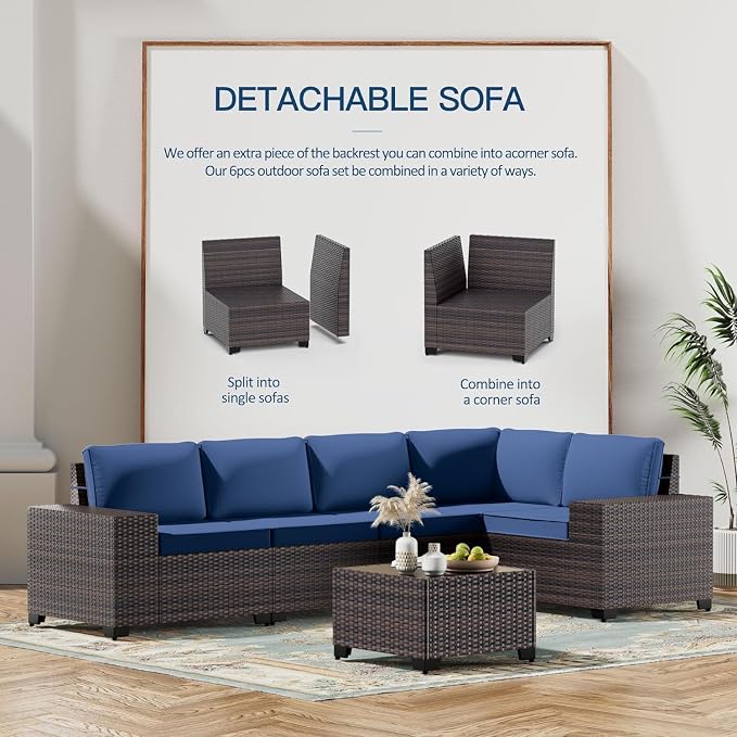 Kullavik Outdoor Patio Furniture Set 6 Pieces Sectional Rattan Sofa Set Brown PE Rattan Wicker Patio Conversation Set with 5 Seat Cushions and 1 Tempered Glass Table,Navy Blue