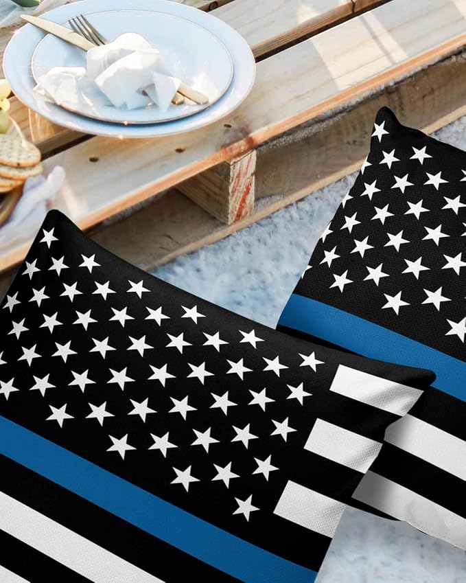 Outdoor Waterproof Pillow Covers Set of 2, Thin Blue Line Flag American Police Flag Honoring Law Enforcement Officers Patio Throw Pillow Covers, Decorative Cushion Case for Sofa Furniture, 24x24 Inch
