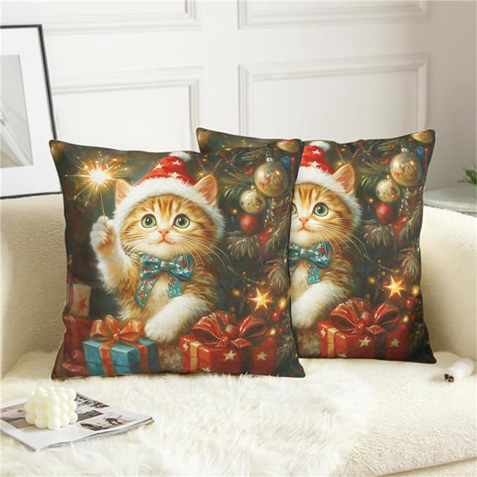 Christmas Pillow Covers 20x20 Set of 2 Adorable Cat Xmas Throw Pillow Covers Lovely Kitten Holding Sparklers Pillowcase Cotton Linen Cushion Case for Holiday Decor Sofa Couch