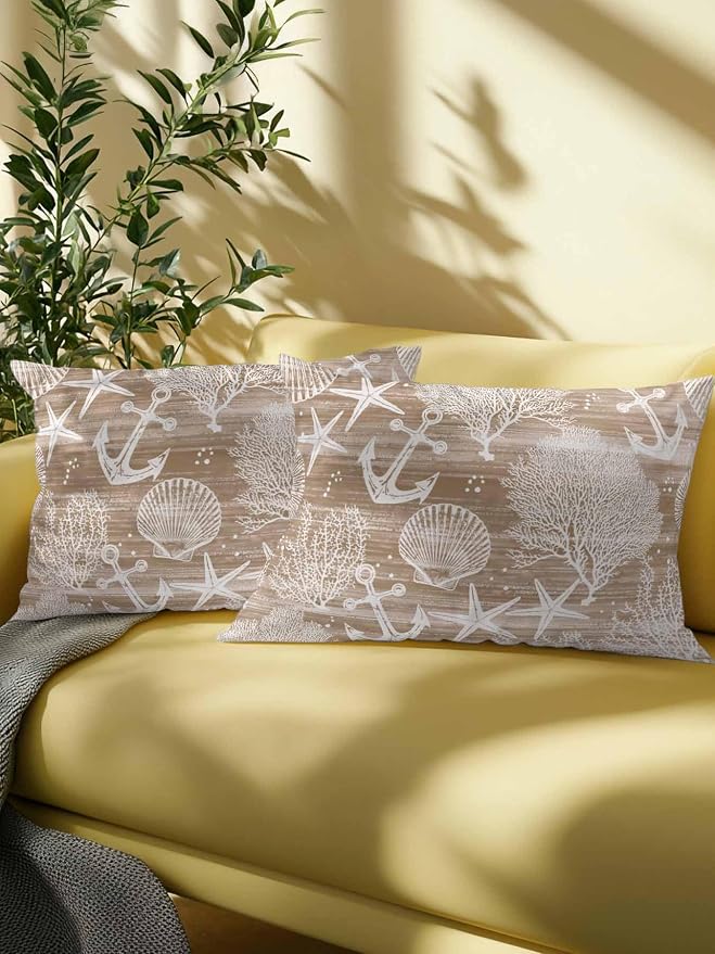 Outdoor Waterproof Throw Pillows 12x20in, Summer Anchor Starfish Coral Shell Patio Pillows Pack of 2,Decorative Pillow Covers with Insert,Pillow Cushion Case Nautical Ocean Creature