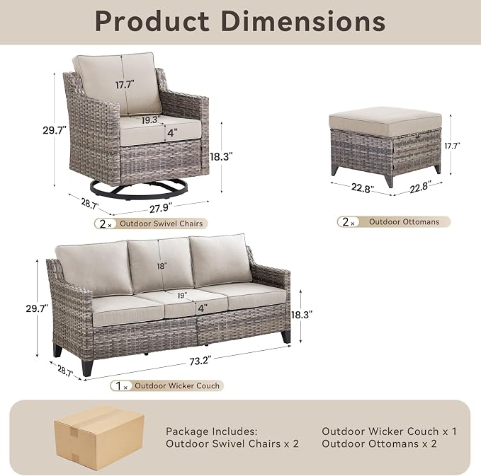 Outdoor Patio Furniture Set-5 Pieces All-Weather Wicker Outdoor Furniture with Swivel Patio Chairs Outdoor Patio Conversation Sets for Garden Porch Deck Grey/Beige