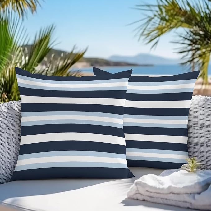 Blue Navy Striped Outdoor Pillow Covers Waterproof, All Weather Cushion Case Set of 2, Modern Ombre Abstract Lines Pattern Decorative Pillowcases for Sofa Couch Bed Decor Patio Furniture 18"x18"