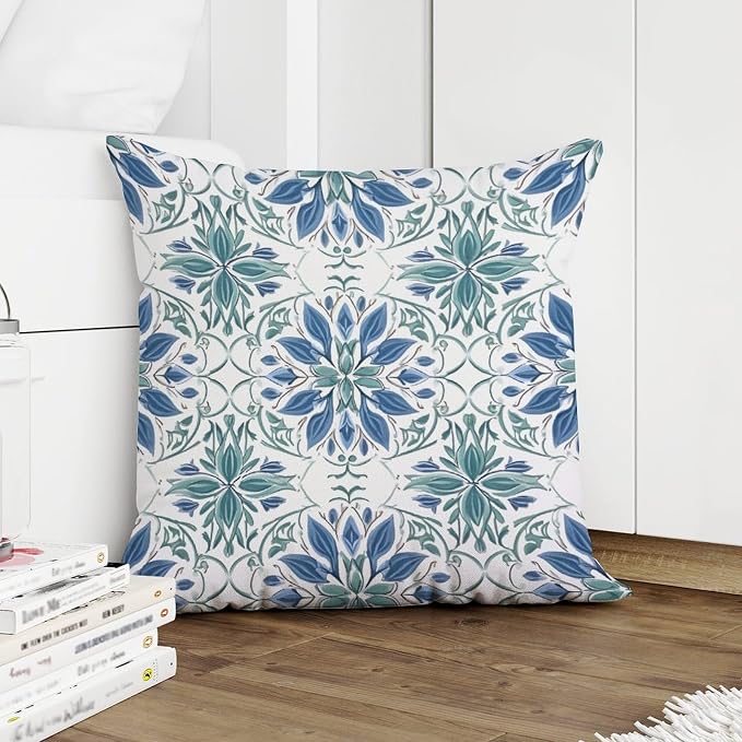 Pillowcase Mughal Flower Pillowcase Farmhouse Blue Lotus Floral Pillow Cover Accent Throw Pillow Covers Farmhouse Decorative for Sofa Bed Chair Car 22x22 in