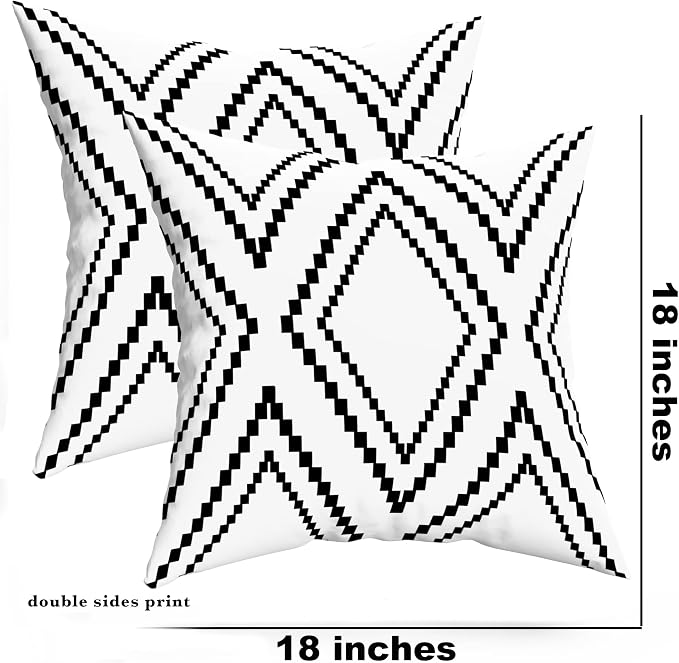 Outdoor Pillow Cover Waterproof Set of 2, Geometric Boho Black and White Throw Pillows for Patio Furniture, Outdoor Pillow Covers for Couch, White (Black&White-02, 18x18 Inch)