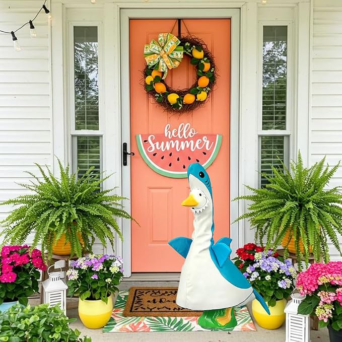 Summer Porch Goose Outfits for Large 23" H Statue Decor, Shark Blue | Costume Set Clothes, For Large Statue Decor, Outdoor Patio Lawn Garden, Plastic Cement Statue Decoration