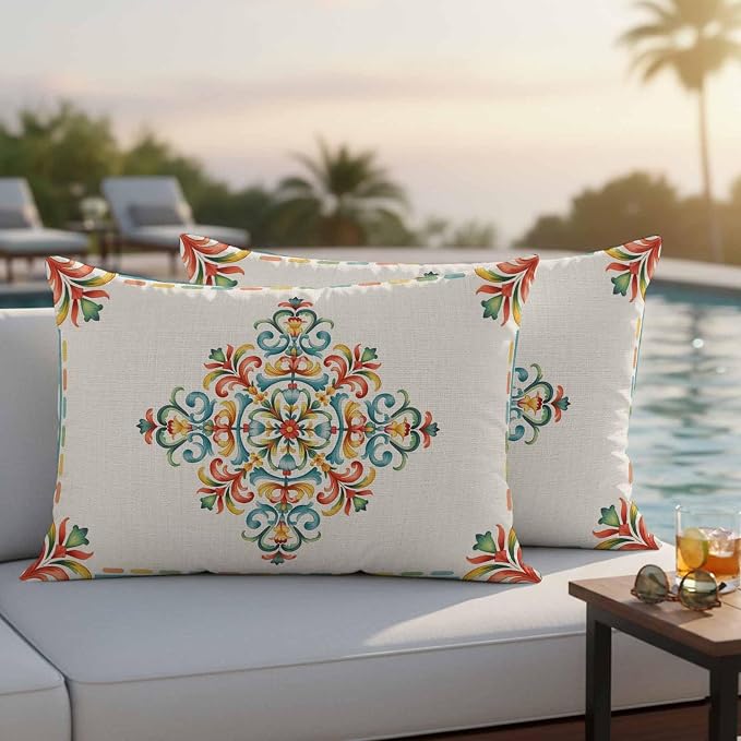 Geometric Flowers Outdoor Pillow Covers 20x12 Inch Lumbar Pillow Covers Set of 2 Waterproof Decorative Throw Pillow Cases Modern Abstract Colorful Floral on Linen Cushion Covers for Patio Furniture