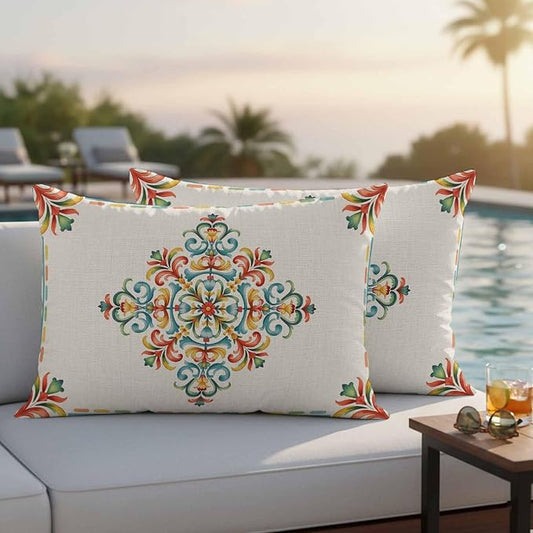 Geometric Flowers Outdoor Pillow Covers 20x12 Inch Lumbar Pillow Covers Set of 2 Waterproof Decorative Throw Pillow Cases Modern Abstract Colorful Floral on Linen Cushion Covers for Patio Furniture
