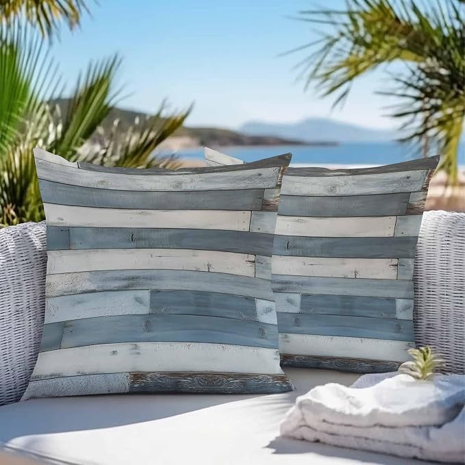 Vintage Blue Farmhouse Outdoor Pillow Covers Waterproof, All Weather Cushion Case Set of 2, Retro Wooden Country Decorative Pillowcases for Sofa Couch Bed Decor Patio Furniture 18"x18"