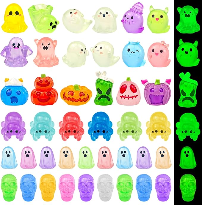 60 Pcs Halloween Luminous Mini Resin Figures Ghost Miniature Figurines | Glow in the Dark, Tiny Little Plastic Pumpkin Spider Skull Figures for Crafts Micro Landscape Fairy Garden Party Decor