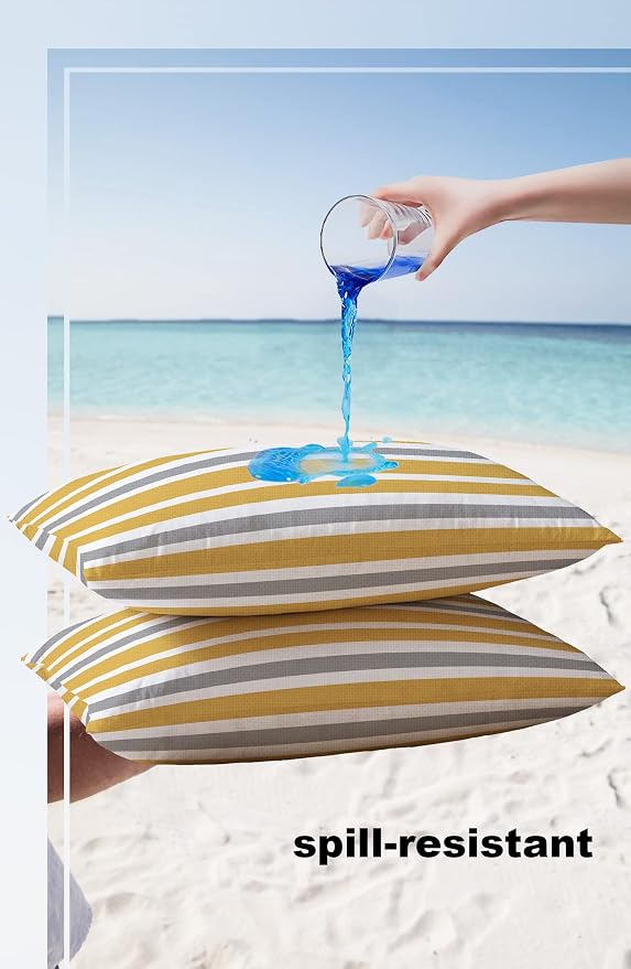 Outdoor Waterproof Pillow Covers for Patio Furniture Orange, Grey and White Stripes Decorative Throw Pillow Cover Farmhouse Stripe Pillowcases Set of 2 Cushion Case for Sofa Couch Chair 20 x 12 In