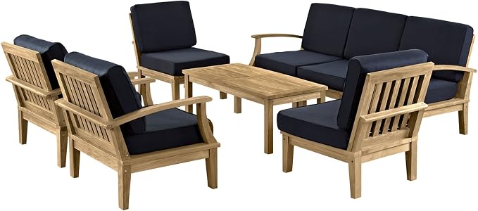 Modway Marina Premium Grade A Teak Wood 8-Piece Outdoor Patio Furniture Set in Natural Navy