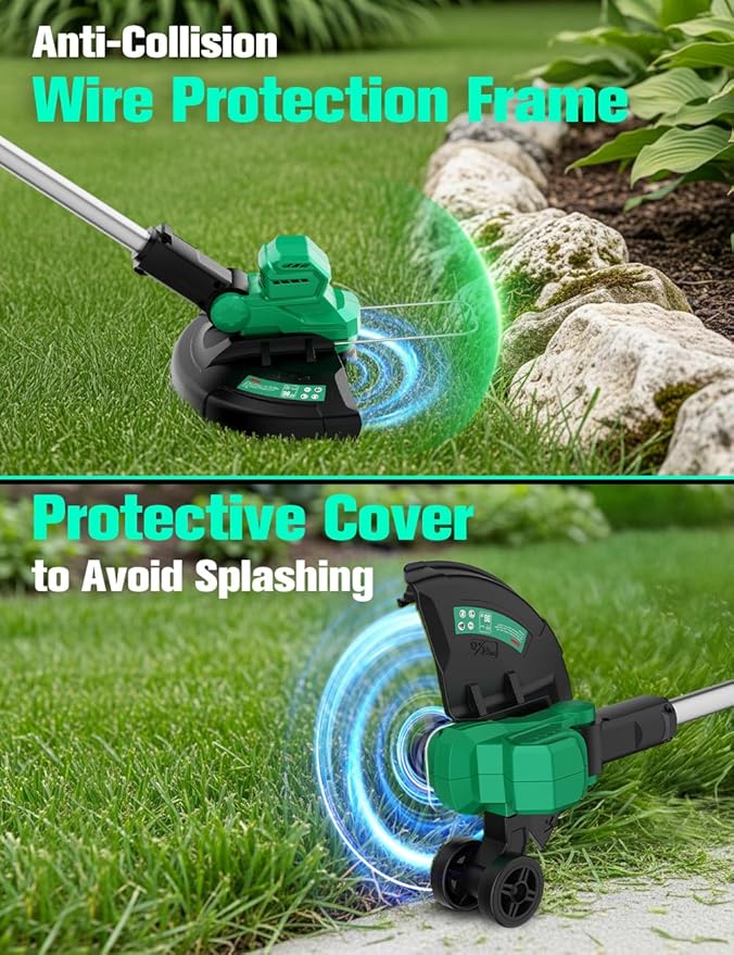 KIMO 12 Inch Cordless Weed Wacker Battery Operated w/ 2 x 2.0Ah Batteries, 2-in-1 String Trimmer & Edger with Charger & Wheels, 6pcs Replacement Spools, Fast Charger