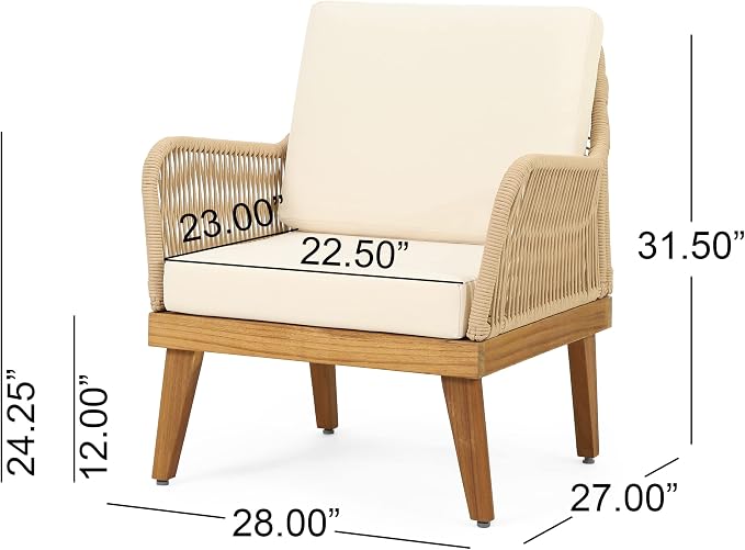 VilroCaz 4-Pieces Acacia Wood Patio Furniture Set, All-Weather Outdoor Patio Conversation Set with Coffee Table and Soft Cushions, Rope Weave Porch Chairs for Garden Backyard Porch Balcony