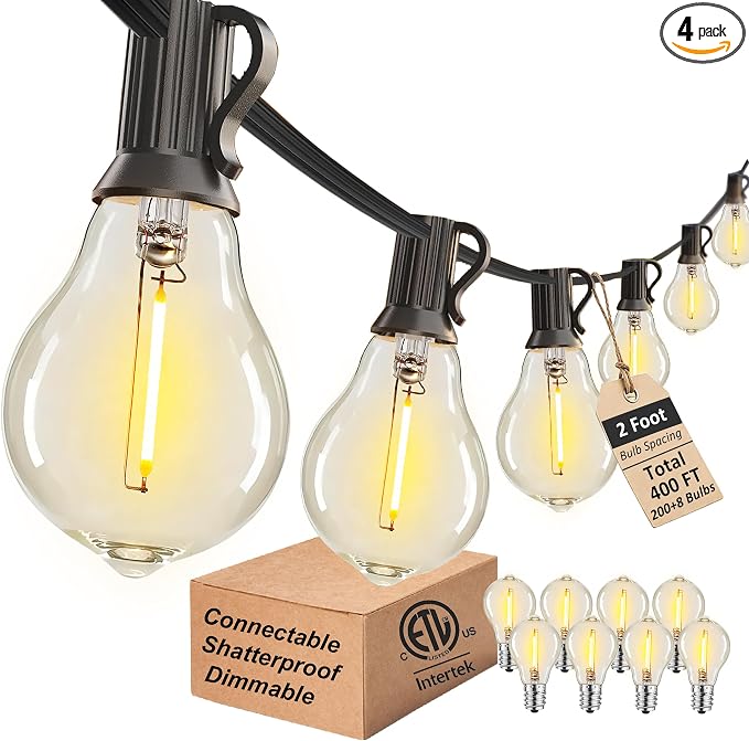 Outdoor String Lights 400FT Waterproof Patio Lights for Porch Backyard Yard | 2FT Bulbs Apart, 4x100FT Connectable Outside Lighting with 208 Shatterproof Dimmable Edison Bulbs for Garden Balcony Party