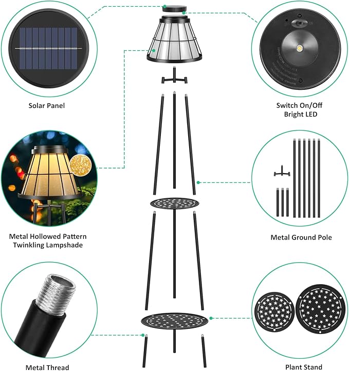 2 Pack Solar Floor Lamps Outdoor with 2-Tier Plant Stand, Metal Tall Planter Holder with Waterproof LED Lantern, Decorative Patio Light & Flower Pot Display Rack for Garden, Deck, Porch, Balcony