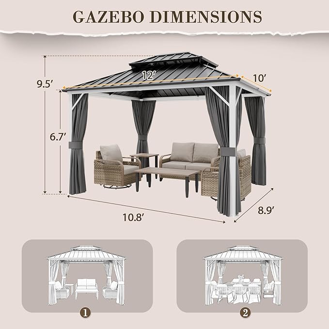 EAGLE PEAK 12x10 Hardtop Gazebo, Galvanized Steel Double Roof with Aluminum Frame, Outdoor Pavilion with Netting and Curtains for Patio, Deck, Lawn and Garden, White/Gray