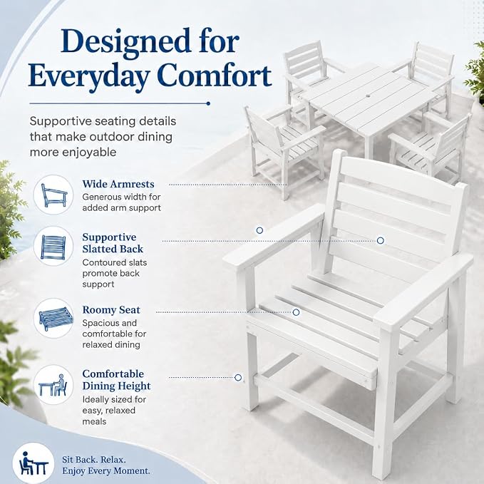 HDPE Outdoor Dining Set for 4, Square Table & Chairs Set | • All-Weather Polywood Composite • 410 lbs Heavy-Duty Support • Built-In 2" Umbrella Hole • Easy Soap-Water Wash
