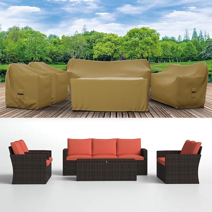 Covers & all Patio Furniture Cover Set, 5 Piece Outdoor Furniture Covers, Water-Repellent UV & Weather-Resistant Covers for Sofa, Loveseat, Chairs & Coffee Table with Elastic & Padded Handles