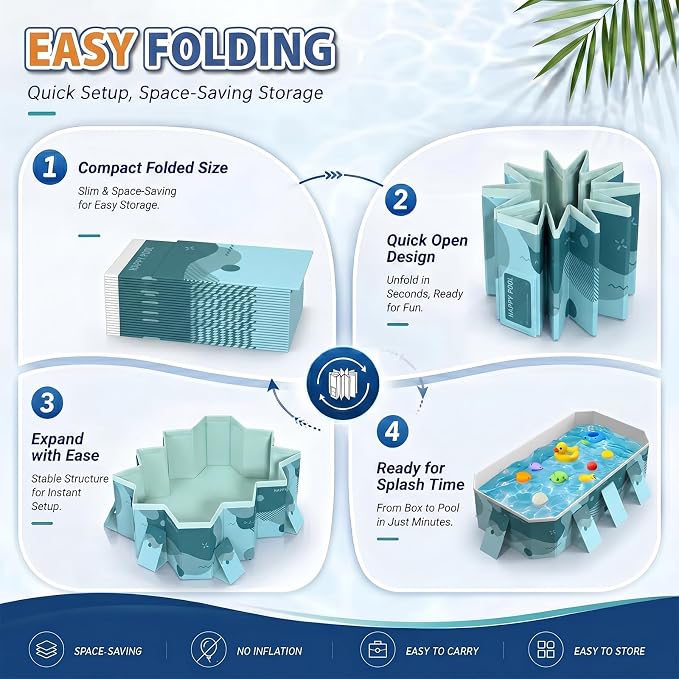 113" Foldable Pool for Adults & Kids, Large Capacity Non Inflatable Pool, Portable Hard-Side Foldable Swimming Pool, Above Ground Pool for Indoor Outdoor Backyard, Garden & Patio (Film Green)