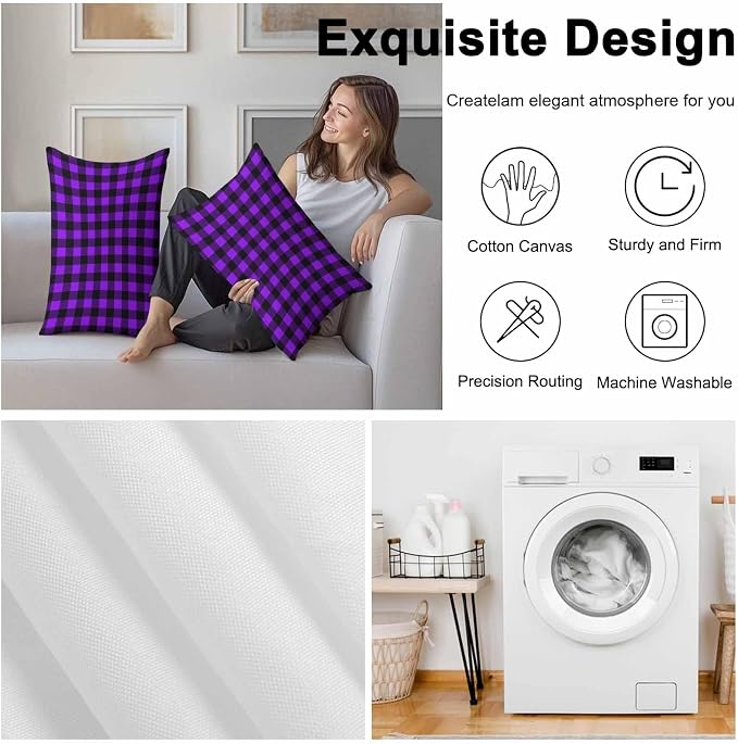 Outdoor Waterproof Throw Pillow Covers Set of 2 Purple Buffalo Plaid Lumbar Pillowcases 20x12 Inches Pastoral Black Checked Decorative Pillows Cushion Case Patio Pillows for Couch Bed Chair Garden