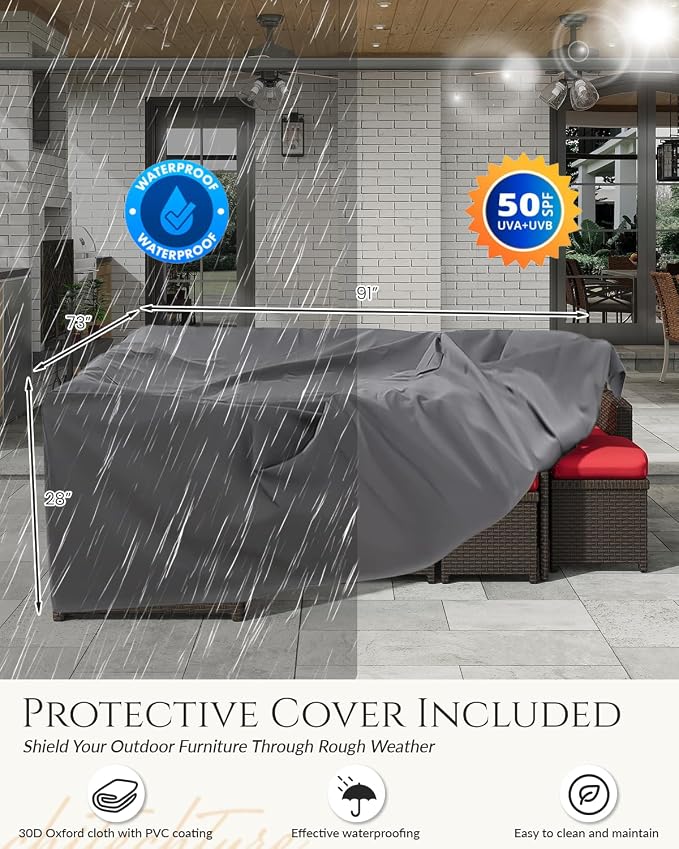 U-MAX 7 Pieces Patio Furniture Set with Waterproof Cover, Outdoor Sectional Sofa Conversation Set, All Weather Wicker Rattan Dining Table & Chair with Ottoman, Brown Rattan&Red Cushion