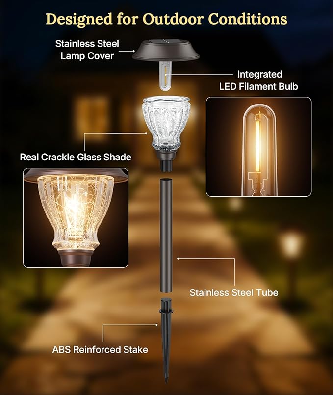 XMCOSY+ Solar Pathway Lights Outdoor, 6 Pack Auto On/Off Garden Lights with Crackled Glass, Integrated Vintage LED Weather-Resistant Stainless Steel Landscape Lighting for Yard Walkway (Warm White)