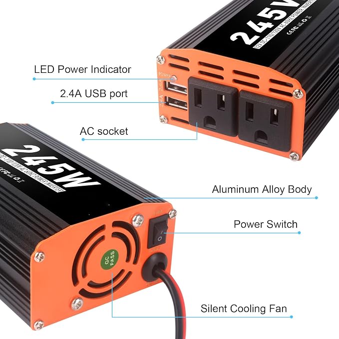 245W Car Power Inverter 12V AC to 110V/120V DC Converter Peak Power 490W Indoor & Outdoor Use with 2 AC Outlets & 2 USB Ports Car Laptop Charger Car Adapter