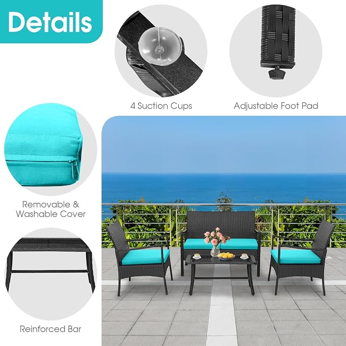HAPPYGRILL 4 Pieces Patio Wicker Furniture Set PE Wicker Conversation Set, Rattan Sofa Chair with Cushions Tempered Glass Coffee Table, Outdoor Sectional Bistro Set for Poolside Backyard Lawn Garden