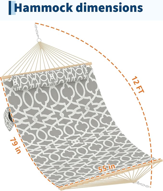 Double Quilted Hammock for 2 Adults – 350cm Large Outdoor Garden Swing Bed with Hardwood Spreader Bars, Detachable Pillow, 450lbs Capacity, Weather-Resistant, Ideal for Patio, Backyard