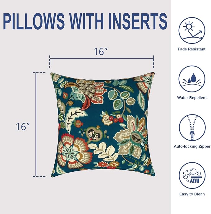 Outdoor Throw Pillows 16x16 Inch, Water Repellent Patio Pillows with Inners Set of 2 for Patio Furniture Home Garden, Peacock Blue