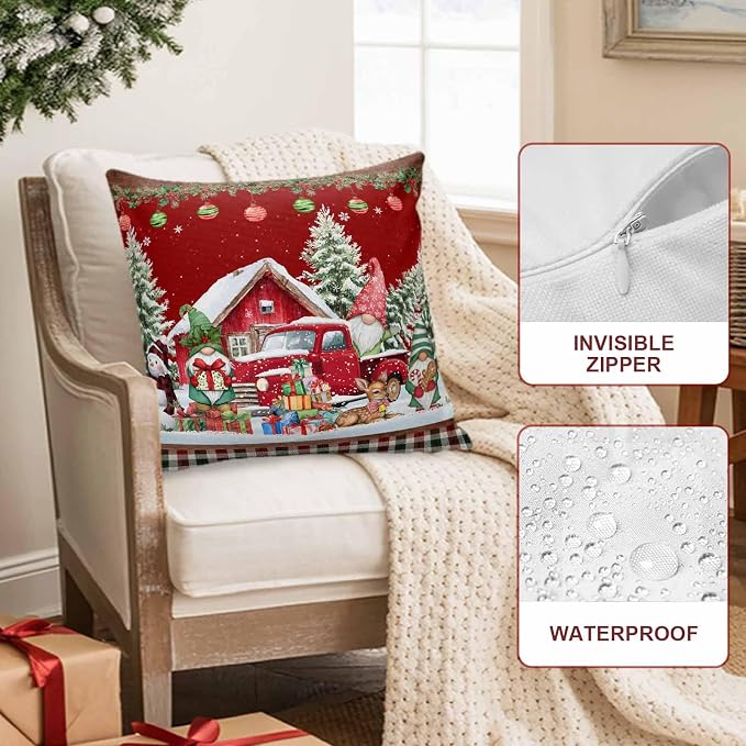 Red Christmas Lumbar Pillow Covers 20x12 Inch Set of 2, Truck Elk Xmas Tree Snowflake Ball Winter Gnomes Waterproof Outdoor Cushion Covers, Decorative Pillowcases for Couch, Sofa, Bed, Garden, Patio