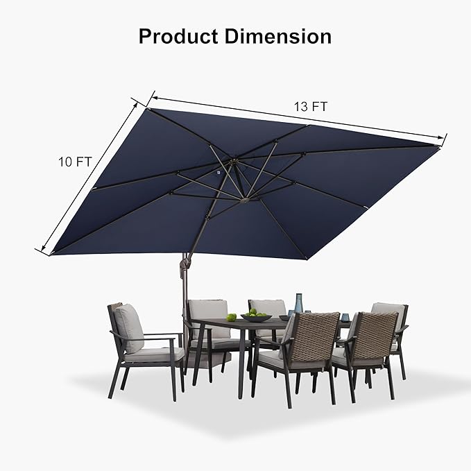 PURPLE LEAF 10' X 13' Patio Cantilever Umbrella with Base Rectangle Umbrella Outdoor with Aluminum Offset Antique Bronze Hanging and 360° Rotation for Pool Garden Deck Patio, Navy Blue